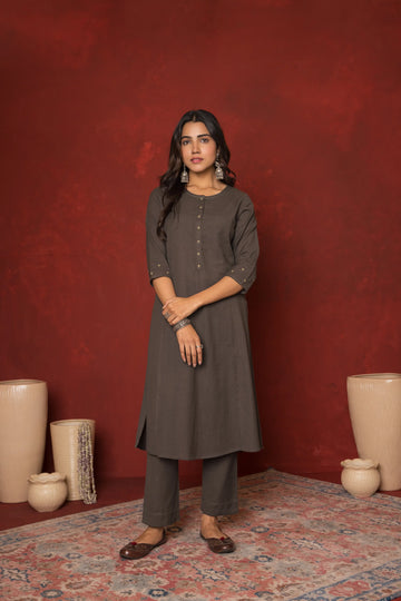 DARK GREY COTTON FLAX ROUND EMBROIDERY ON KURTA AND SLEEVES KURTA PANT SET