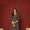DARK GREY COTTON FLAX ROUND EMBROIDERY ON KURTA AND SLEEVES KURTA PANT SET