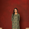 GREEN COTTON ROUND WITH V-CUT BOOTI HIGHLIGHTED WITH HAND KATHA KURTA PANT SET