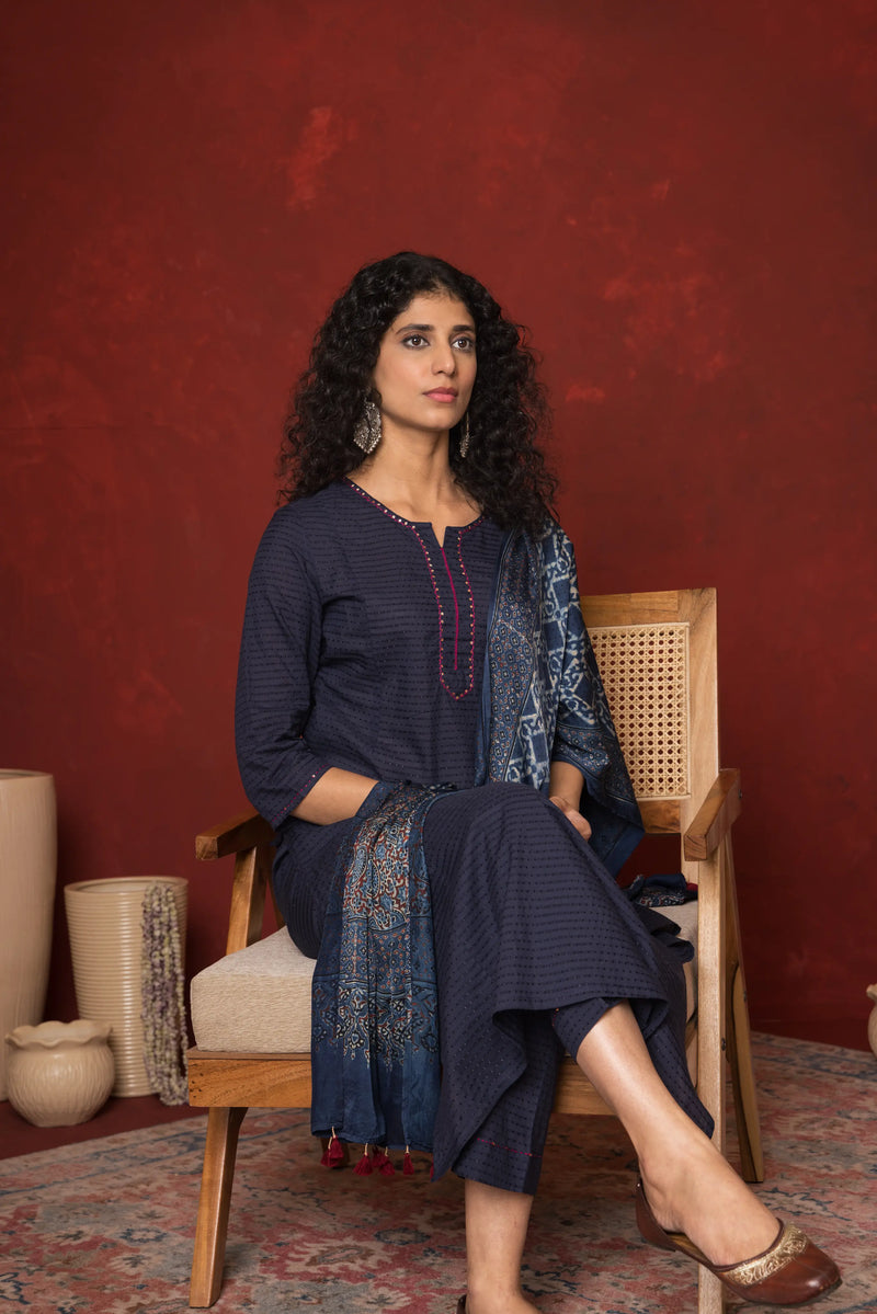 INDIGO BLUE COTTON DOBBY ROUND KURTA HIGHLIGHTED WITH HAND KATHA AND SEQUENCE WORK KURTA PANT SET