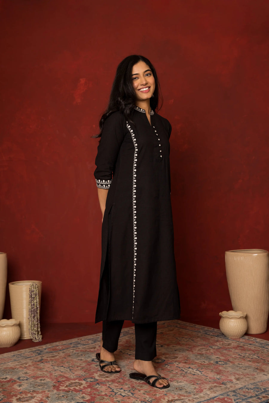 BLACK COTTON FLAX COLLAR EMBROIDERY WORK ON KURTA.WITH EMBROIDERY ON BUTTONS KURTA PANT SET