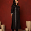 BLACK COTTON FLAX COLLAR EMBROIDERY WORK ON KURTA.WITH EMBROIDERY ON BUTTONS KURTA PANT SET