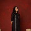BLACK COTTON FLAX COLLAR EMBROIDERY WORK ON KURTA.WITH EMBROIDERY ON BUTTONS KURTA PANT SET