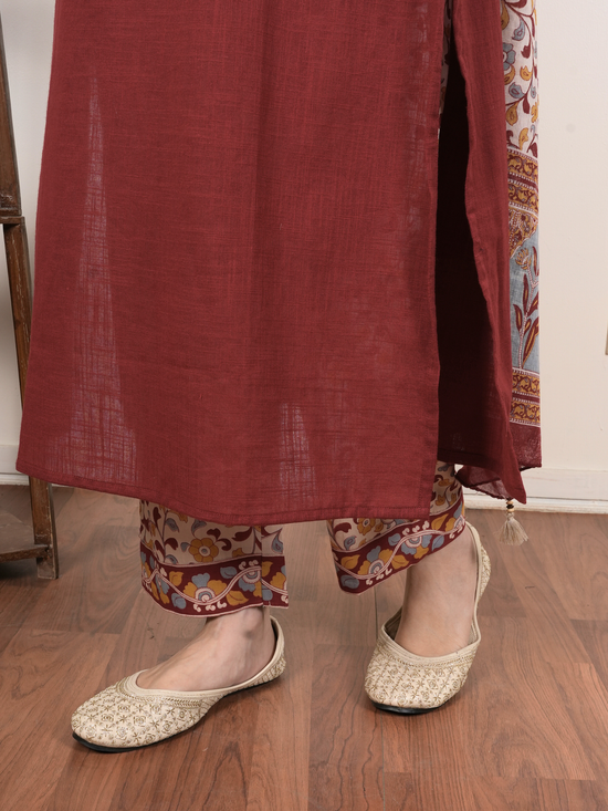 Maroon Cotton Round Neck Complete Suit Set For Women's