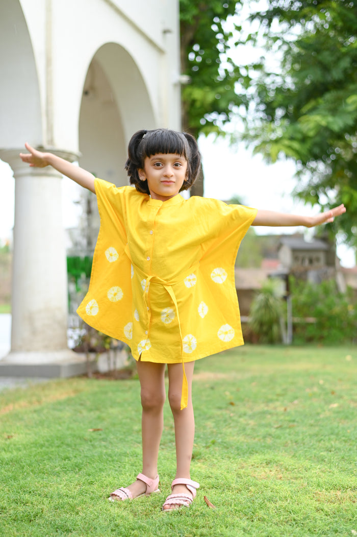 Yellow Handdone Bandhani Printed Kaftan-Kids