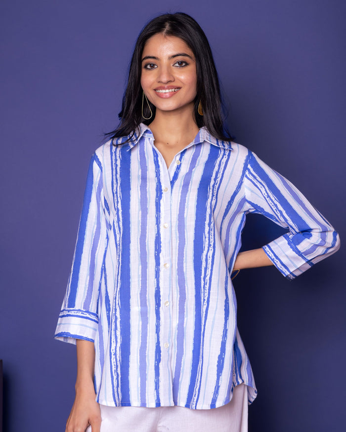 Multicoloured Linen Blend Shirt Collar Strips Short Top For WOMEN'S