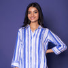 Multicoloured Linen Blend Shirt Collar Strips Short Top For WOMEN'S