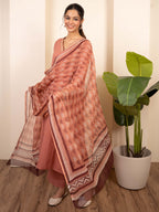 Peach Cotton Flax Hand Embroidery Kurta Pant Set For Women's