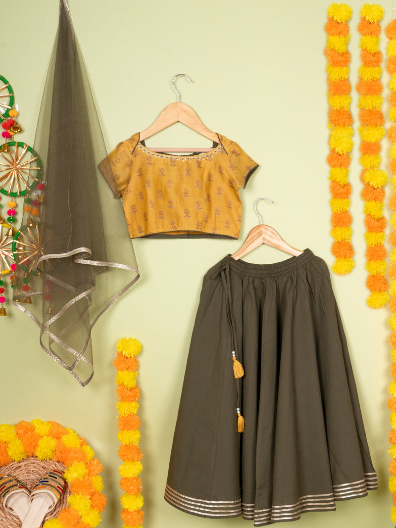 Mustard Chanderi 3 pcs Lehanga Set For Girls