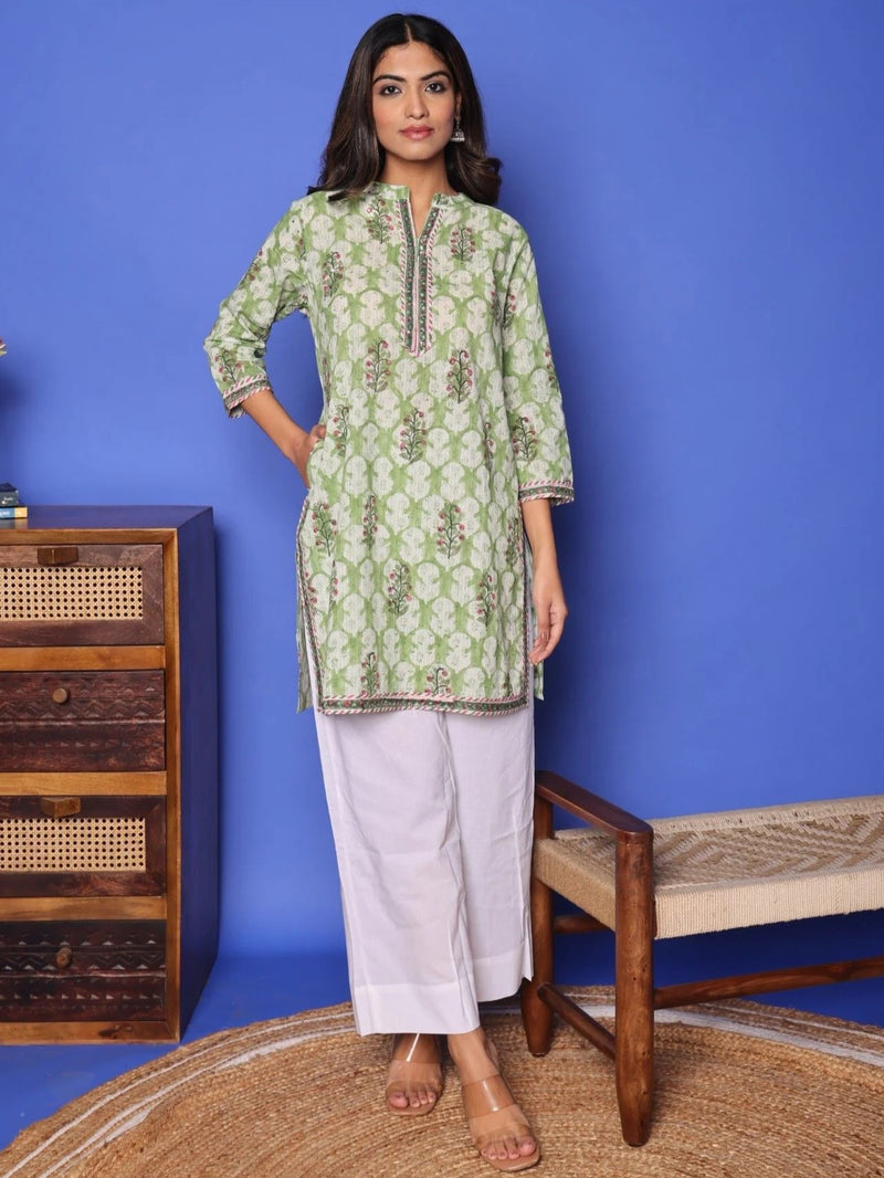 Sea Green Cotton Round Handblock Short Top For Women's