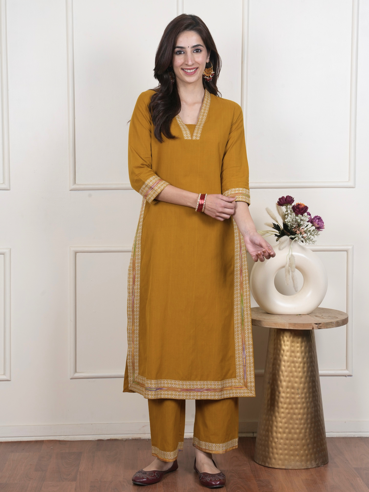 Mustard South Handloom Kurta Pant Set For Women's
