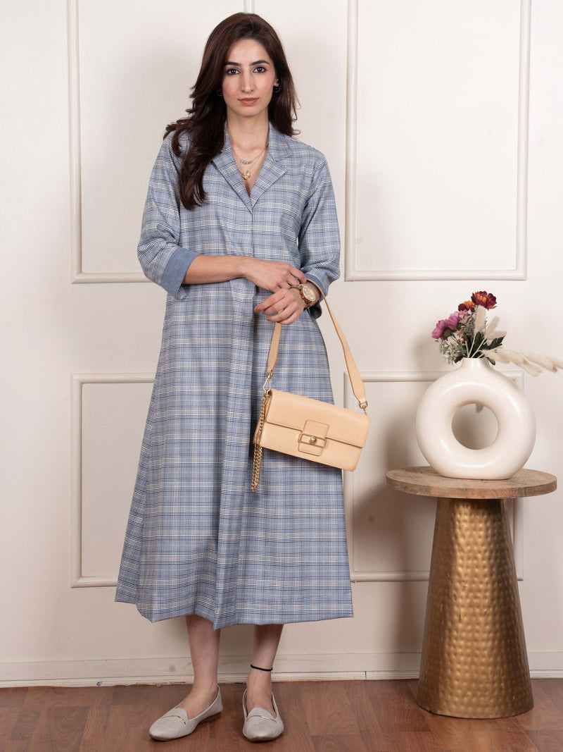 Minor Blue Colour Collar Neck Large Checks Woolen Dress For Women's