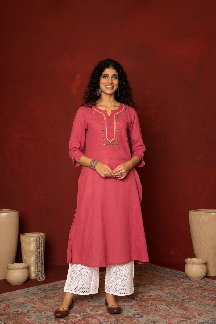 ONION PINK COTTON SLUB KURTA HIGHLIGHTED WITH HAND MIRROR WORK WITH KATHA KURTA FOR WOMEN'S
