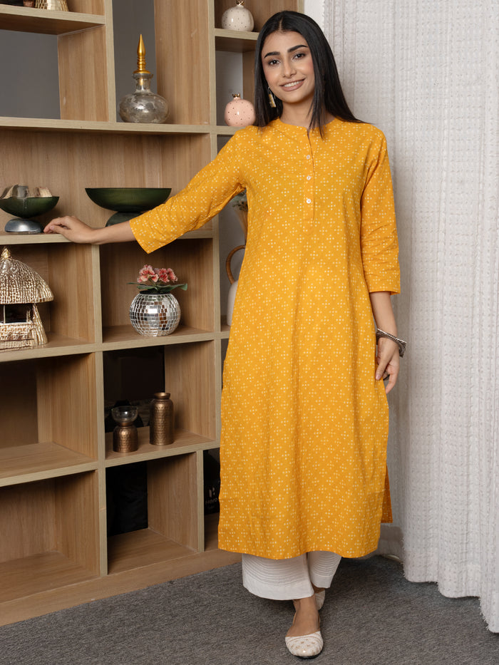 Yellow Colour Cotton Collar Neck Bandhani Print Kurta For Women's