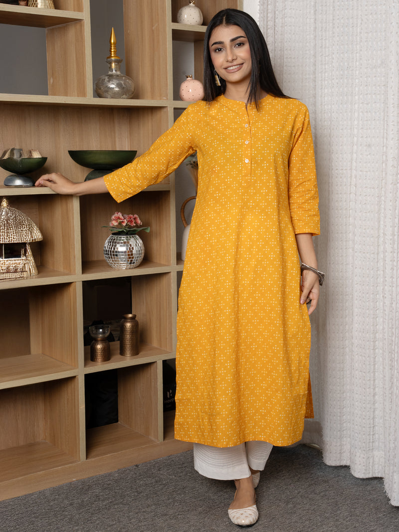 Yellow Colour Cotton Collar Neck Bandhani Print Kurta For Women's