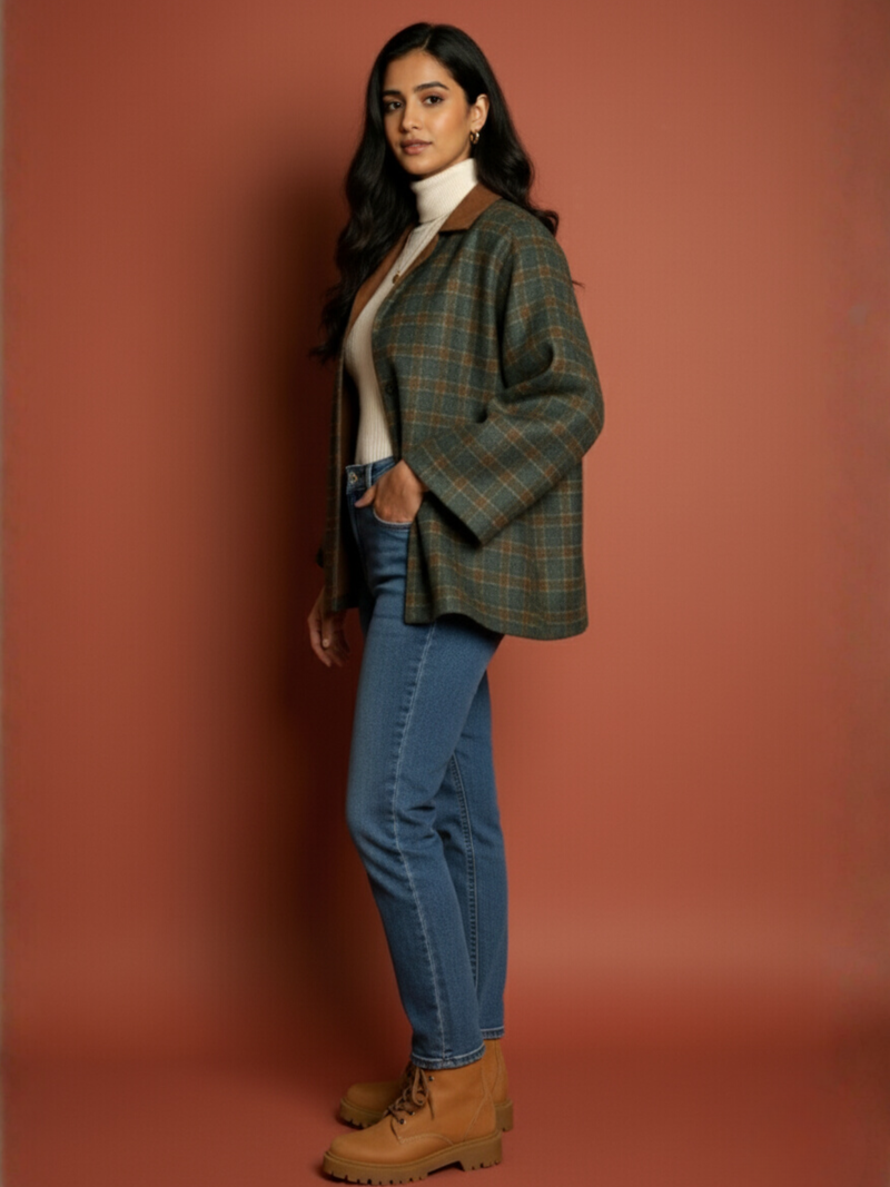 Green Colour Merino Wool Collar Neck Checkered Print Short Jacket For Women's