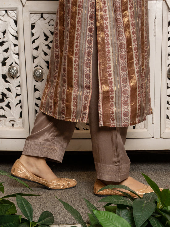 Multi Colour Tussar Silk Handblock Print Round Neck Complete Suit Set For Women's