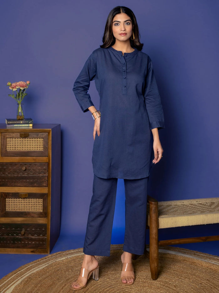 INDIGO BLUE COTTON LINEN COLLAR NECK KATHA WORK ON BACK SIDE KURTA PANT SET