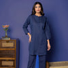 INDIGO BLUE COTTON LINEN COLLAR NECK KATHA WORK ON BACK SIDE KURTA PANT SET