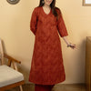 Brick Red Colour Cotton V-Neck Abstract Print Kurta For Women's