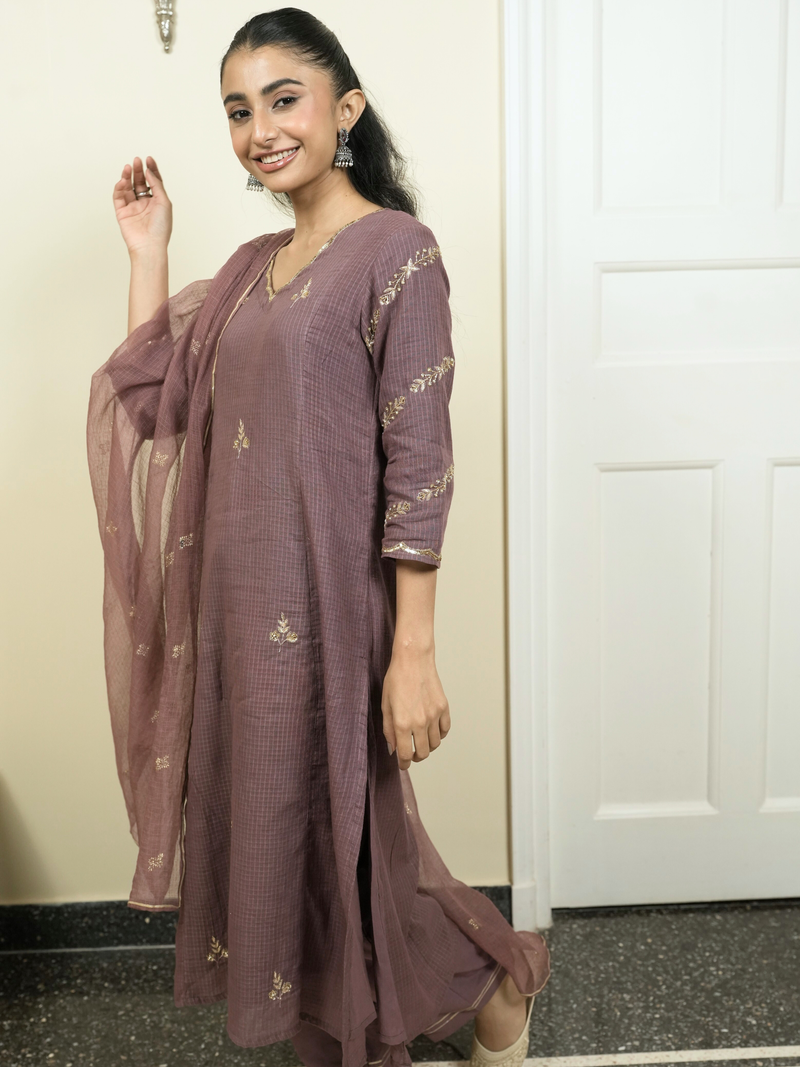 Wine Kota Doria Complete Suit Set