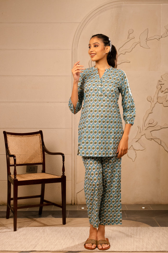 Powder Blue Cotton Co-Ord Set For Women's