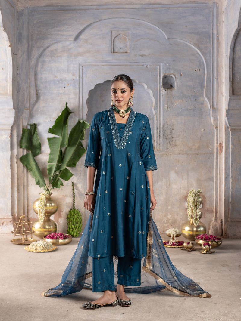 BLUE CHANDERI V NECK  ALL OVER WITH LACE AD KHADI WORK DUPATTA FULL SET
