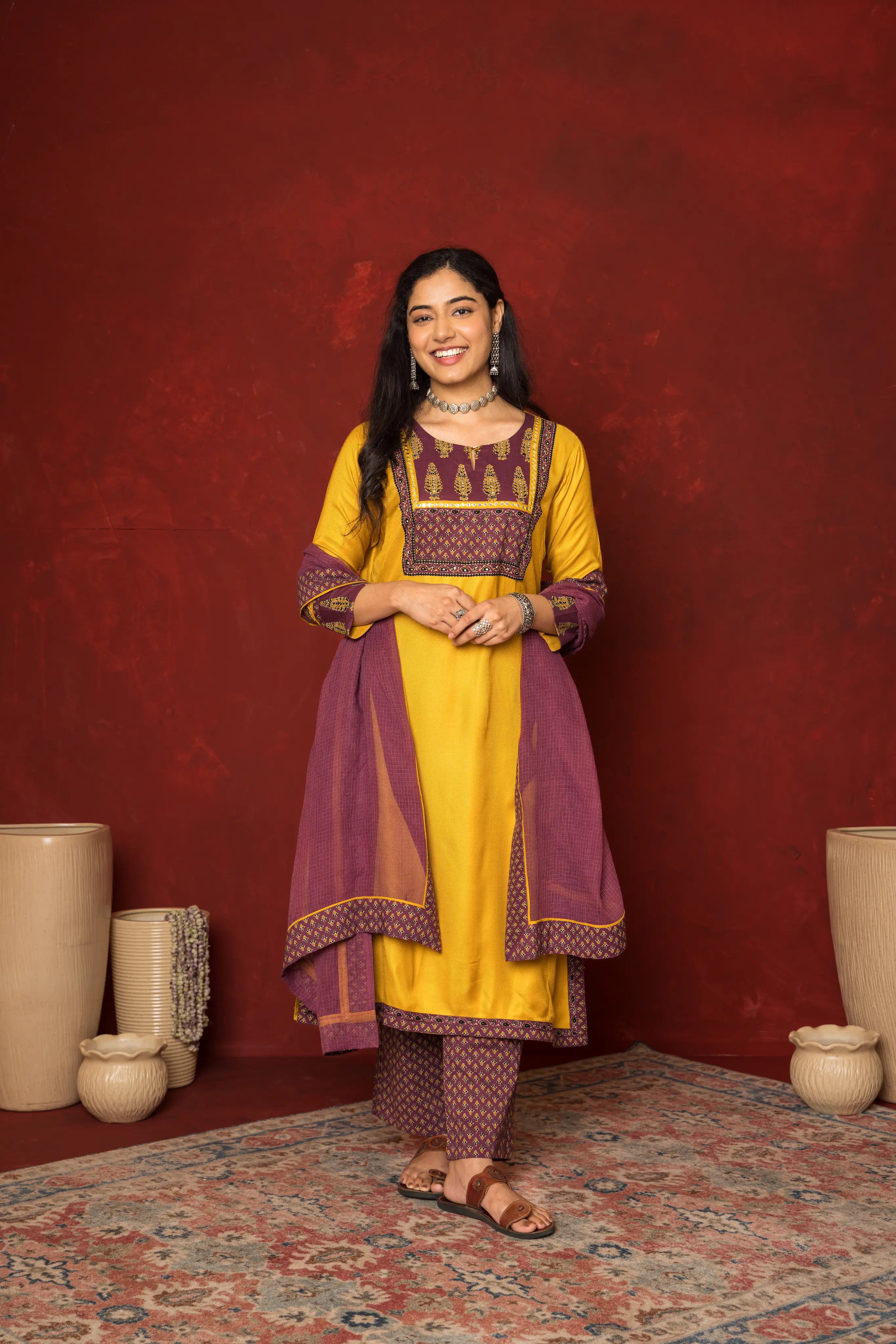 MUSTARD WITH  WINE TWILL BOT ROUND NECK KURTA HIGHLIGHTED WITH YOKE & MIRROR LACE WITH SEQUENCE FULL SET