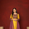 MUSTARD WITH  WINE TWILL BOT ROUND NECK KURTA HIGHLIGHTED WITH YOKE & MIRROR LACE WITH SEQUENCE FULL SET