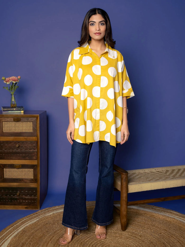Yellow Cotton Collar Loose Shirt For Women's