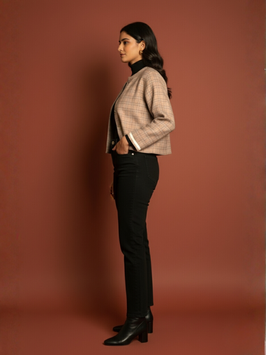 Pink Colour Merino Wool Round Neck Checkered Print Short Jacket For Women's