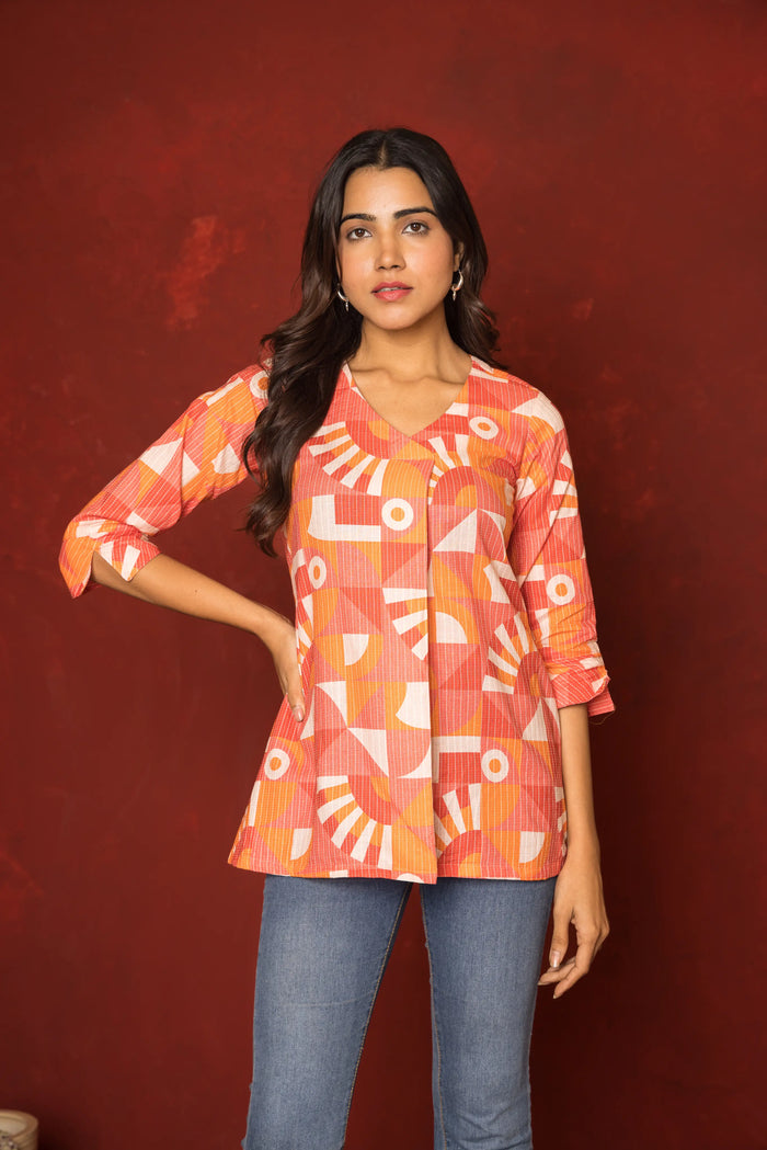 Orange Katha Dobby V-Neck Abstrack Short Top For Women's