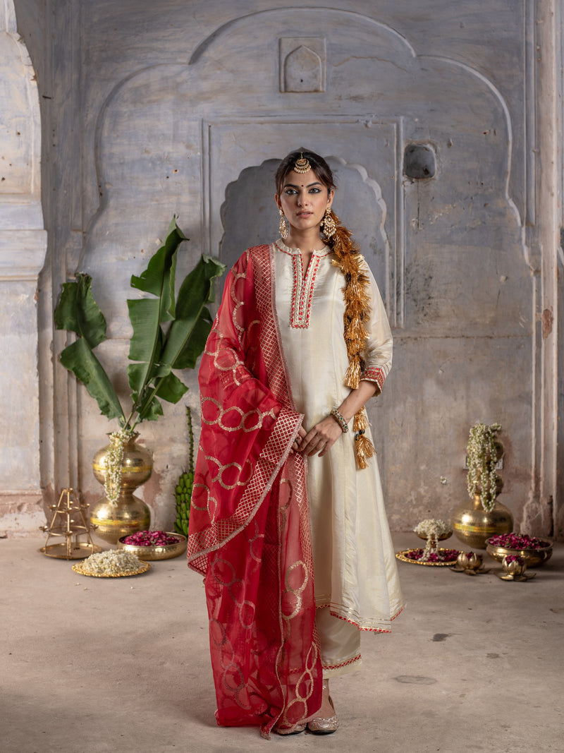 GOLD & RED TISSU SHIMMER COLLAR NECK ALL OVER WITH  GOTA WORK DUPATTA FULL SET