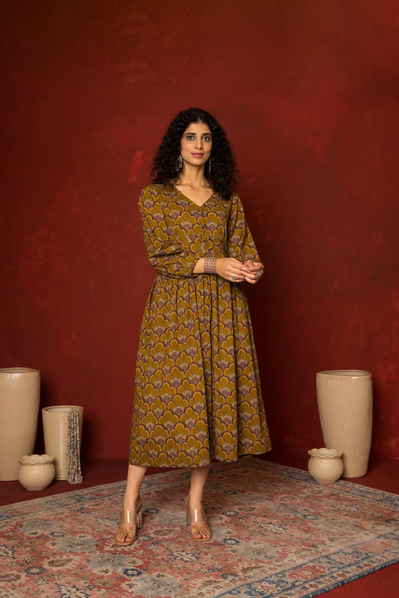 Light Brown Cotton V-Neck Dress For Women's