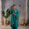 Rama Green Chanderi V-Neck Complete Suit Set For Women's