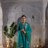 Rama Green Chanderi V-Neck Complete Suit Set For Women's