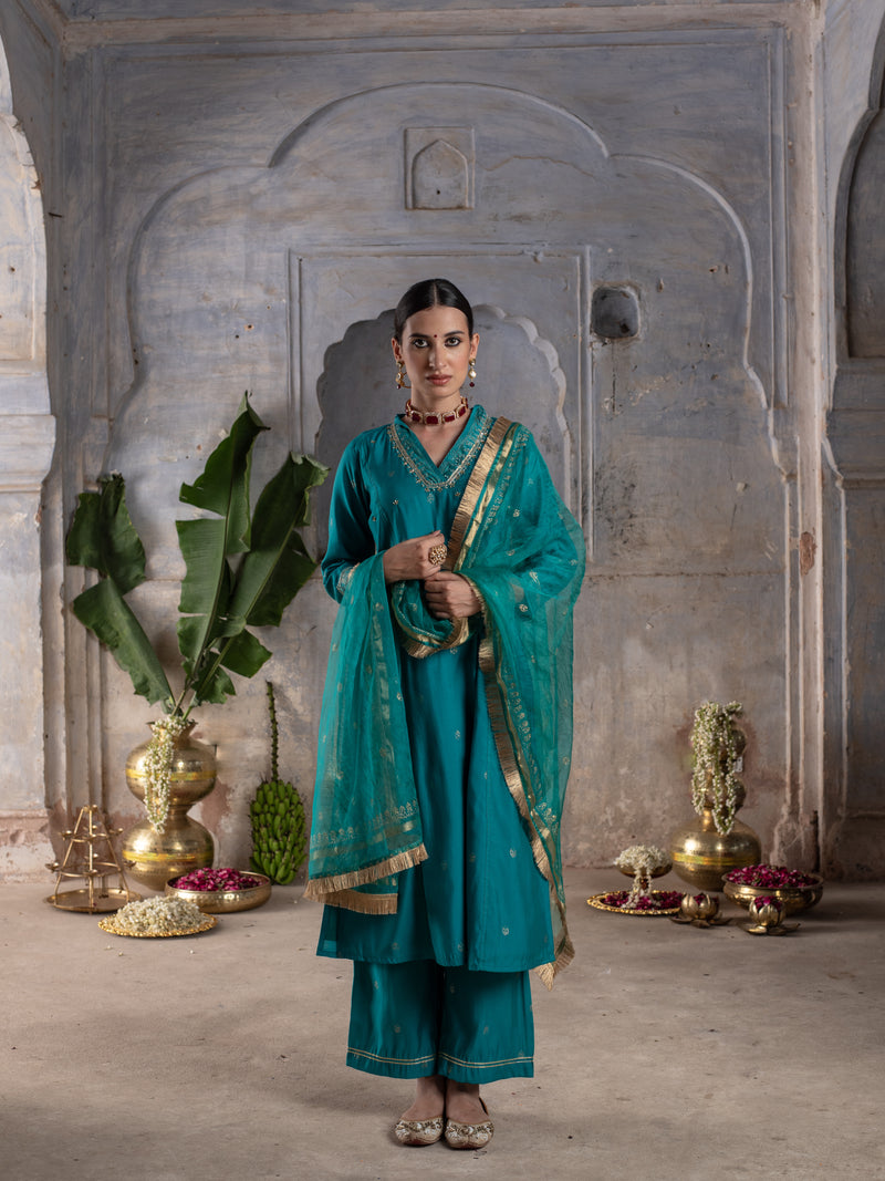 Rama Green Chanderi V-Neck Complete Suit Set For Women's