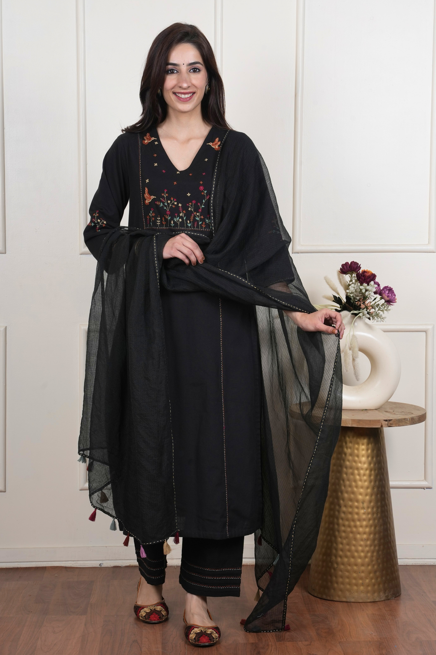 Black Cotton Flax Complete Suit Set