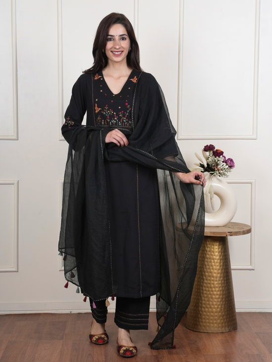 Black Cotton Flax Complete Suit Set
