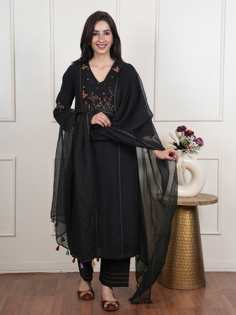 Black Cotton Flax Complete Suit Set