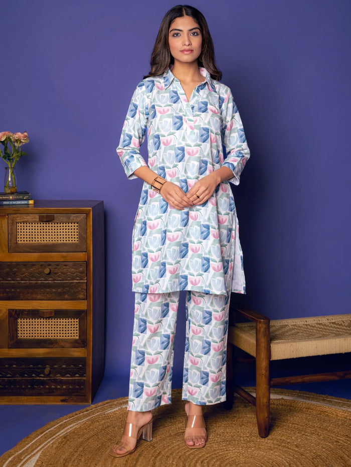 MULTICOLORED STRIPES LINEN BLEND SHIRTCOLLOR NECK FLORAL  KURTA PANT SET