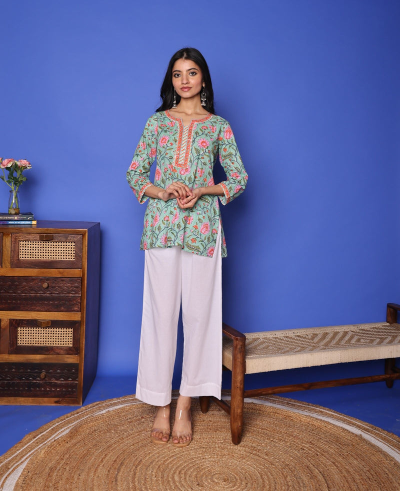 Sea Green Round Neck Short -Top For Women's