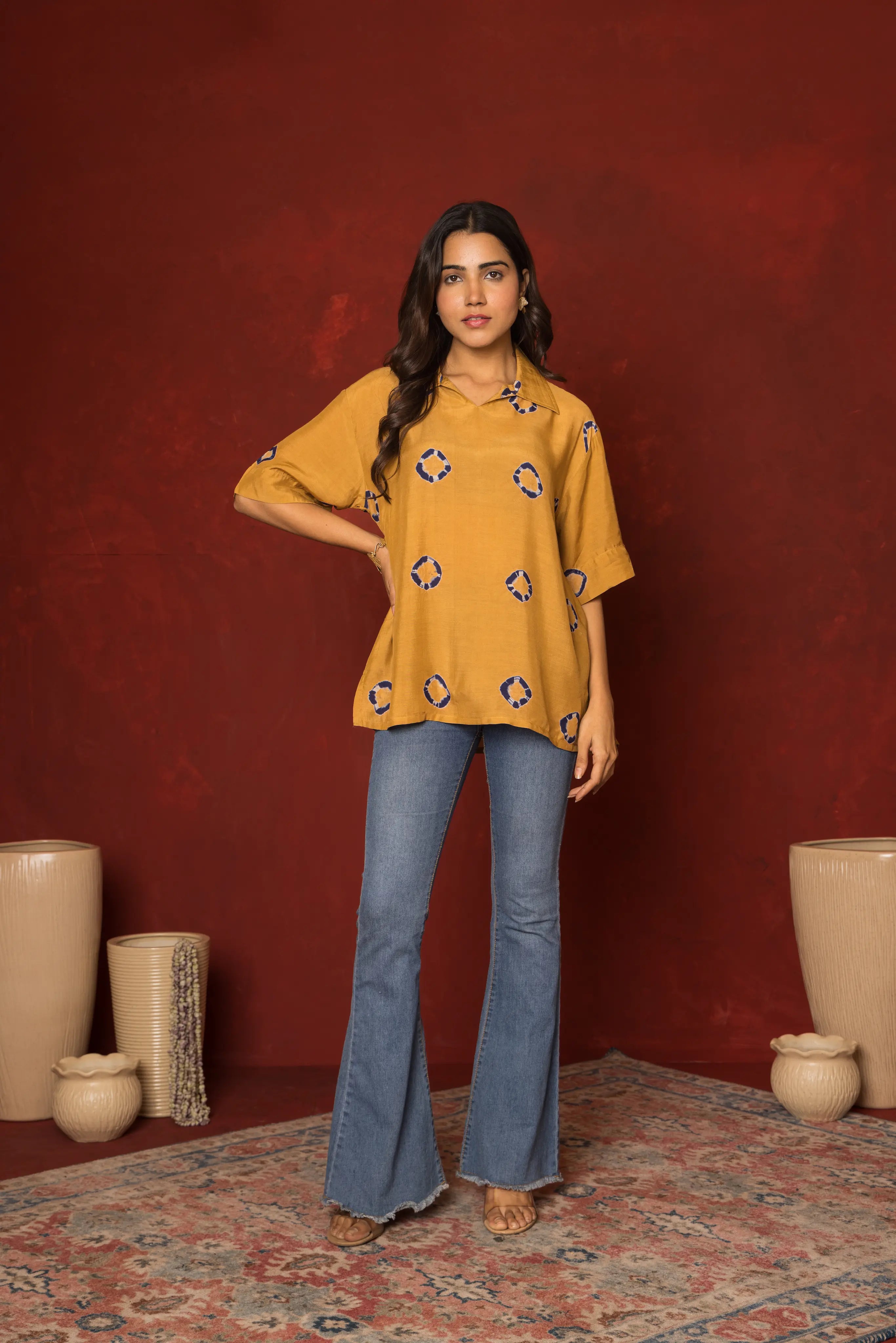 Brown Muslin Collar Short Top For Women's