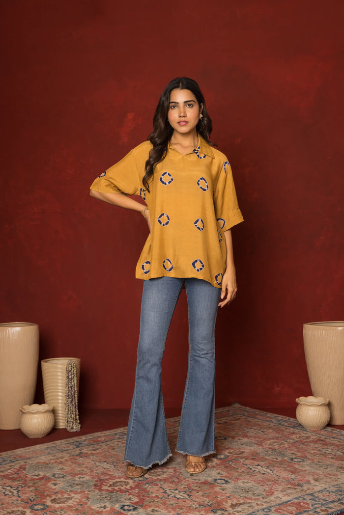 Brown Muslin Collar Short Top For Women's