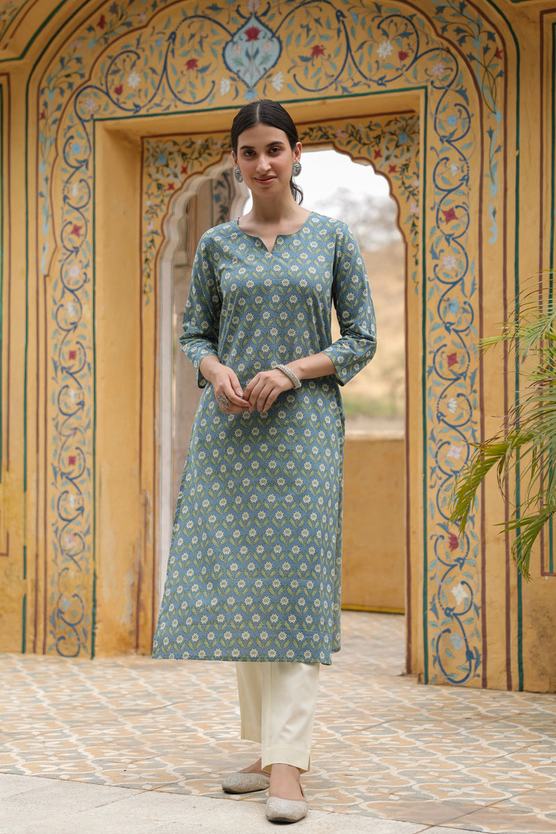 Grey with Green Floral Printed Kurta For Women's