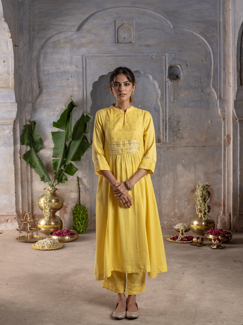 Yellow Jam Cotton Collar Neck Kurta Pant Set For Women's