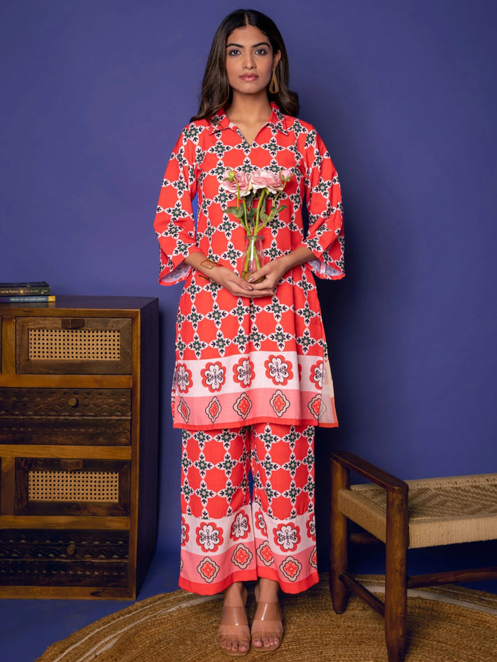 Multicolored Linen Blend Collar Abstract Print Co-Ord Set For Women's