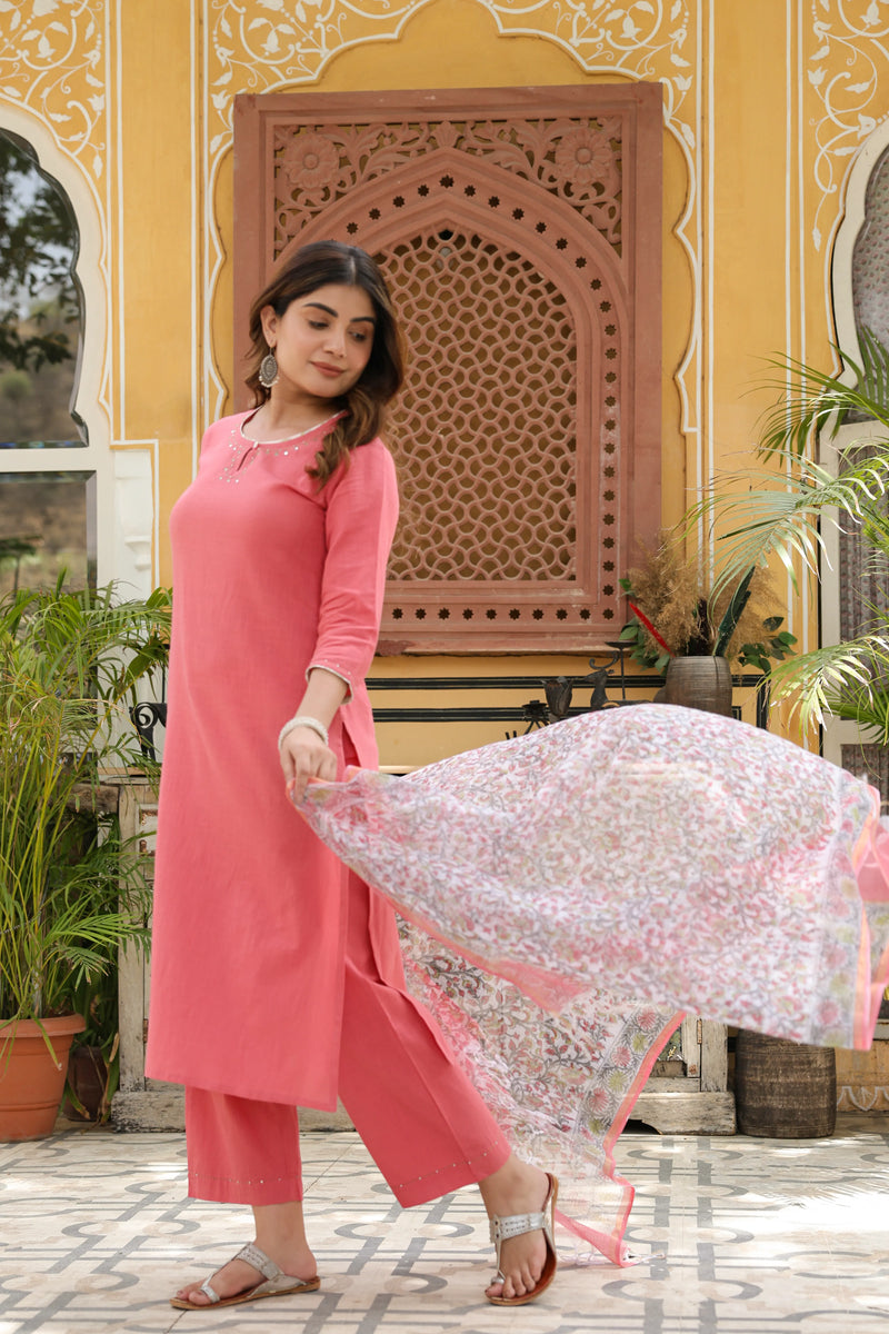 PEACH KURTA PALAZZO-COTTON SLUB WITH KOTA DORIYA DUPATTA