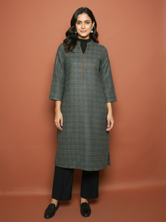 Forest Green Woolen Checkered Kurta