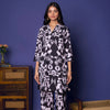 Black Linen Blend Collar Neck With V Abstrack Print Co-Ord Set For Women's